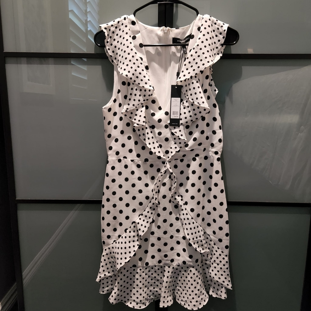 Bcbg white and black polka dot dress NWT